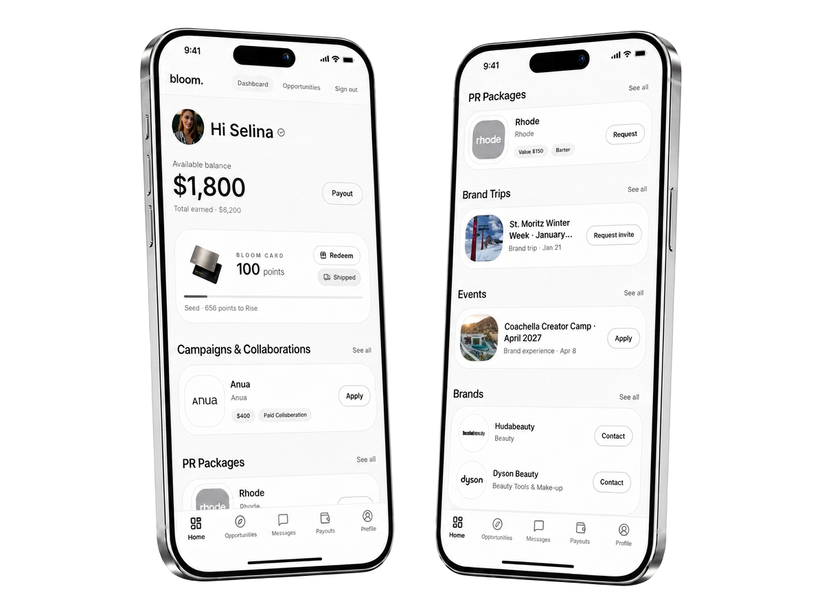 Two phones showing the Bloom dashboard with brand deals from Sephora, Huda Beauty, rhode, Fenty and brand trips to Ibiza and Bahamas